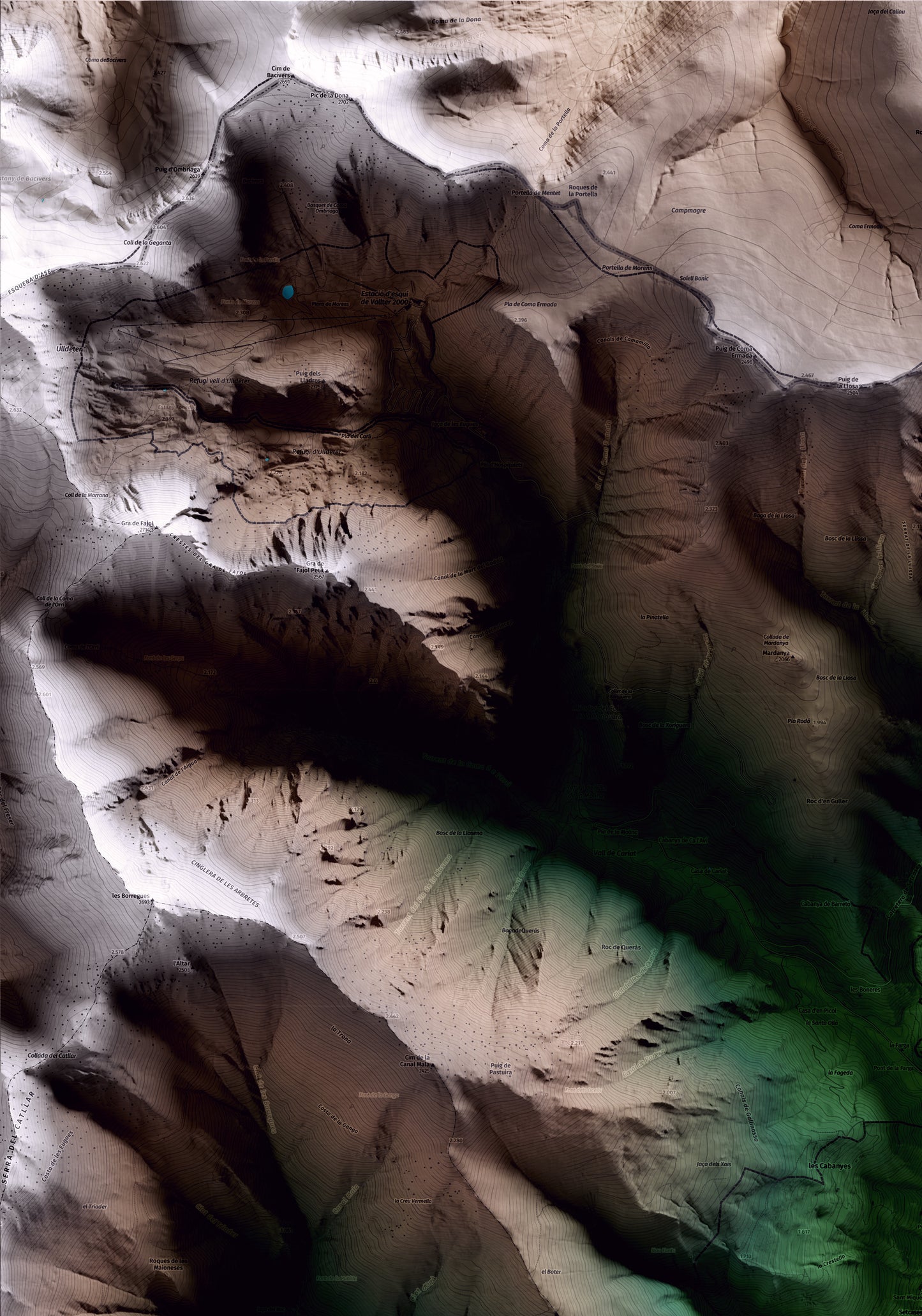 Mapa artístico del relieve de Setcases, al Ripollès, con 15 km de entorno y base topográfica ICGC. Detalle de la zona superior izquierda.