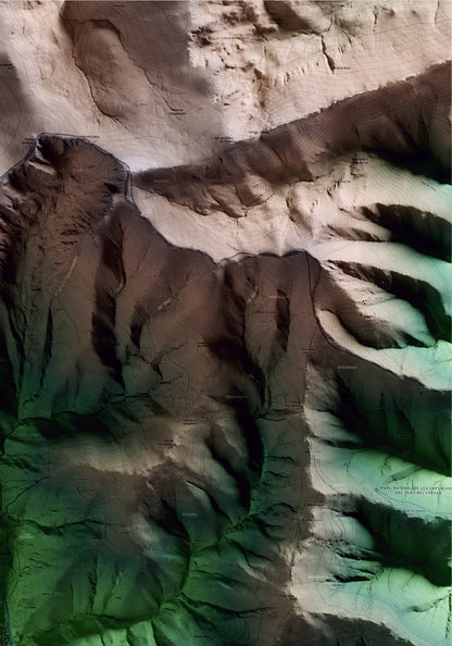 Mapa artístico del relieve de Setcases, al Ripollès, con 15 km de entorno y base topográfica ICGC. Detalle de la zona superior derecha.