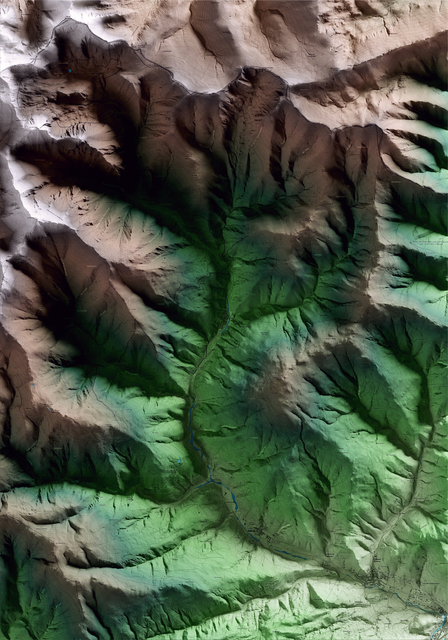 Mapa artístico del relieve de Setcases, al Ripollès, con 15 km de entorno y base topográfica ICGC