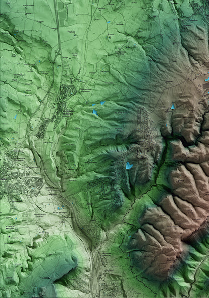 Mapa artístico del relieve de Seva, a Osona, con 15 km de entorno y base topográfica ICGC. Detalle de la zona inferior izquierda.