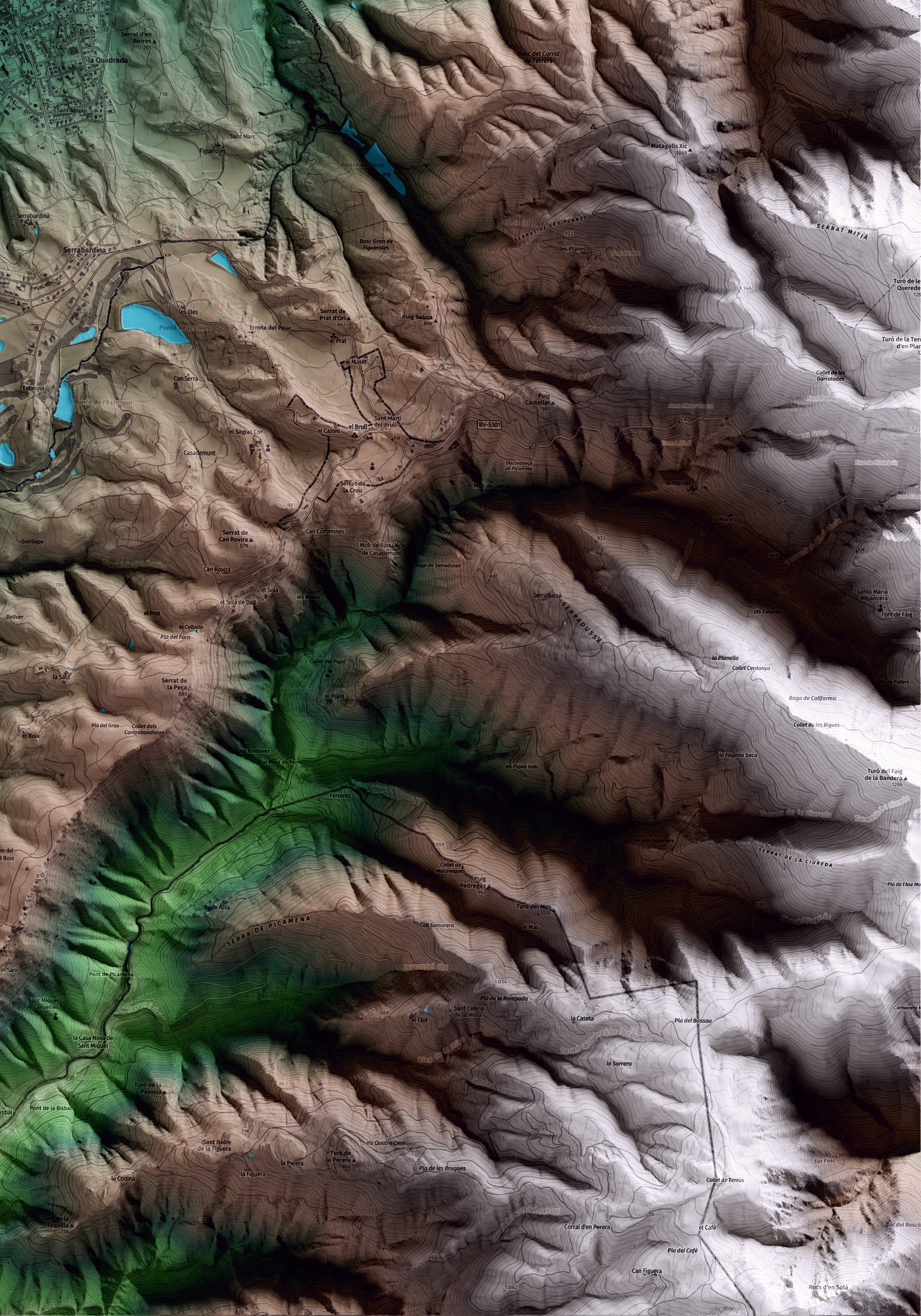 Mapa artístico del relieve de Seva, a Osona, con 15 km de entorno y base topográfica ICGC. Detalle de la zona inferior derecha.