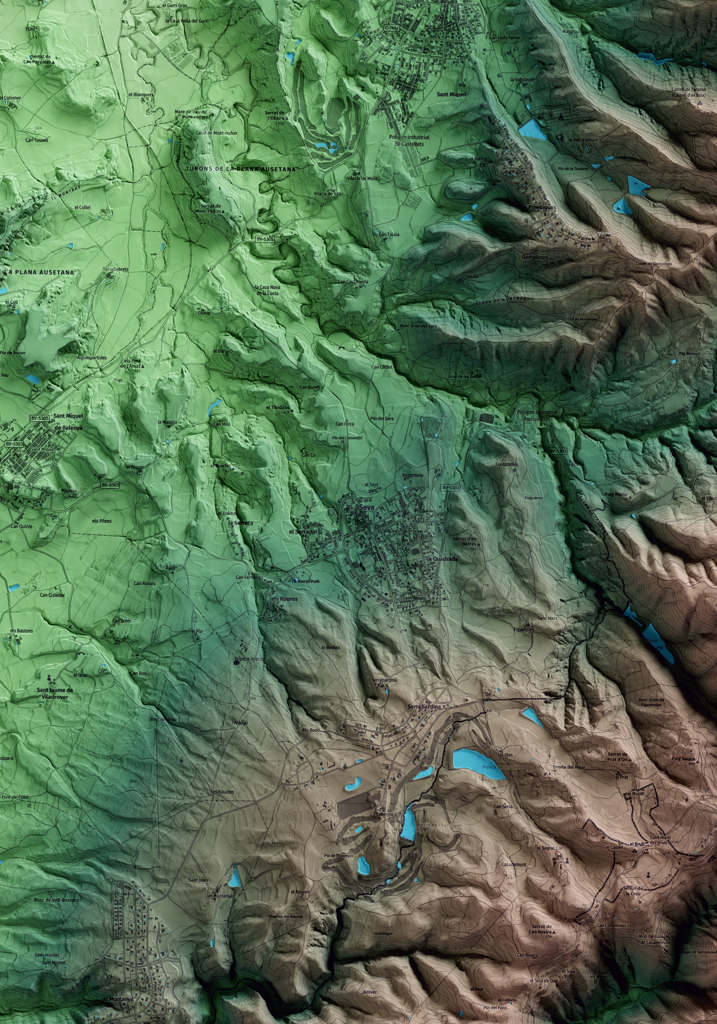 Mapa artístico del relieve de Seva, a Osona, con 15 km de entorno y base topográfica ICGC. Detalle de la zona central.