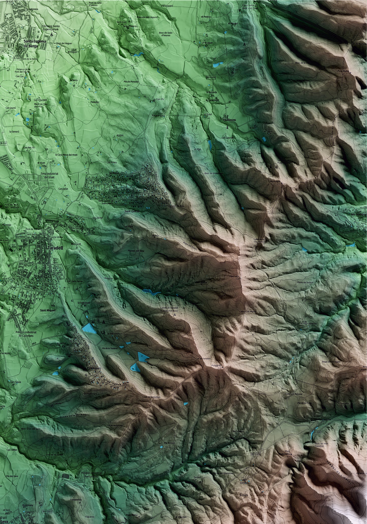 Mapa artístico del relieve de Seva, a Osona, con 15 km de entorno y base topográfica ICGC. Detalle de la zona superior derecha.