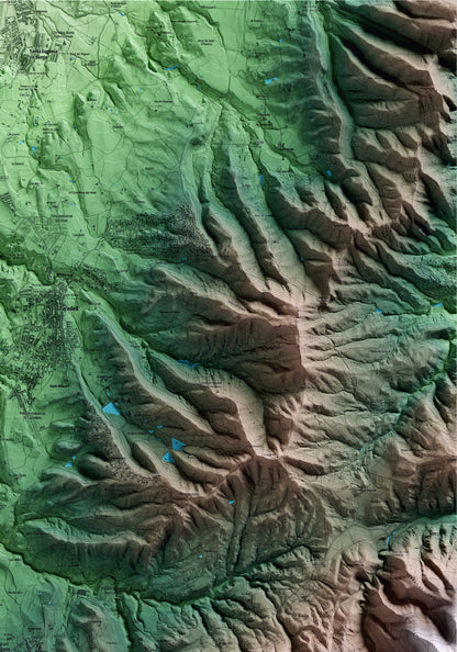 Mapa artístico del relieve de Seva, a Osona, con 15 km de entorno y base topográfica ICGC. Detalle de la zona superior derecha.