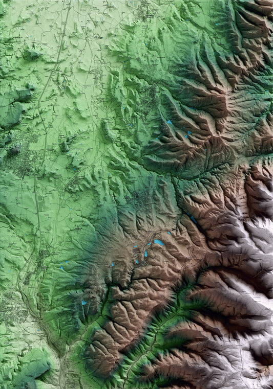 Mapa artístico del relieve de Seva, a Osona, con 15 km de entorno y base topográfica ICGC