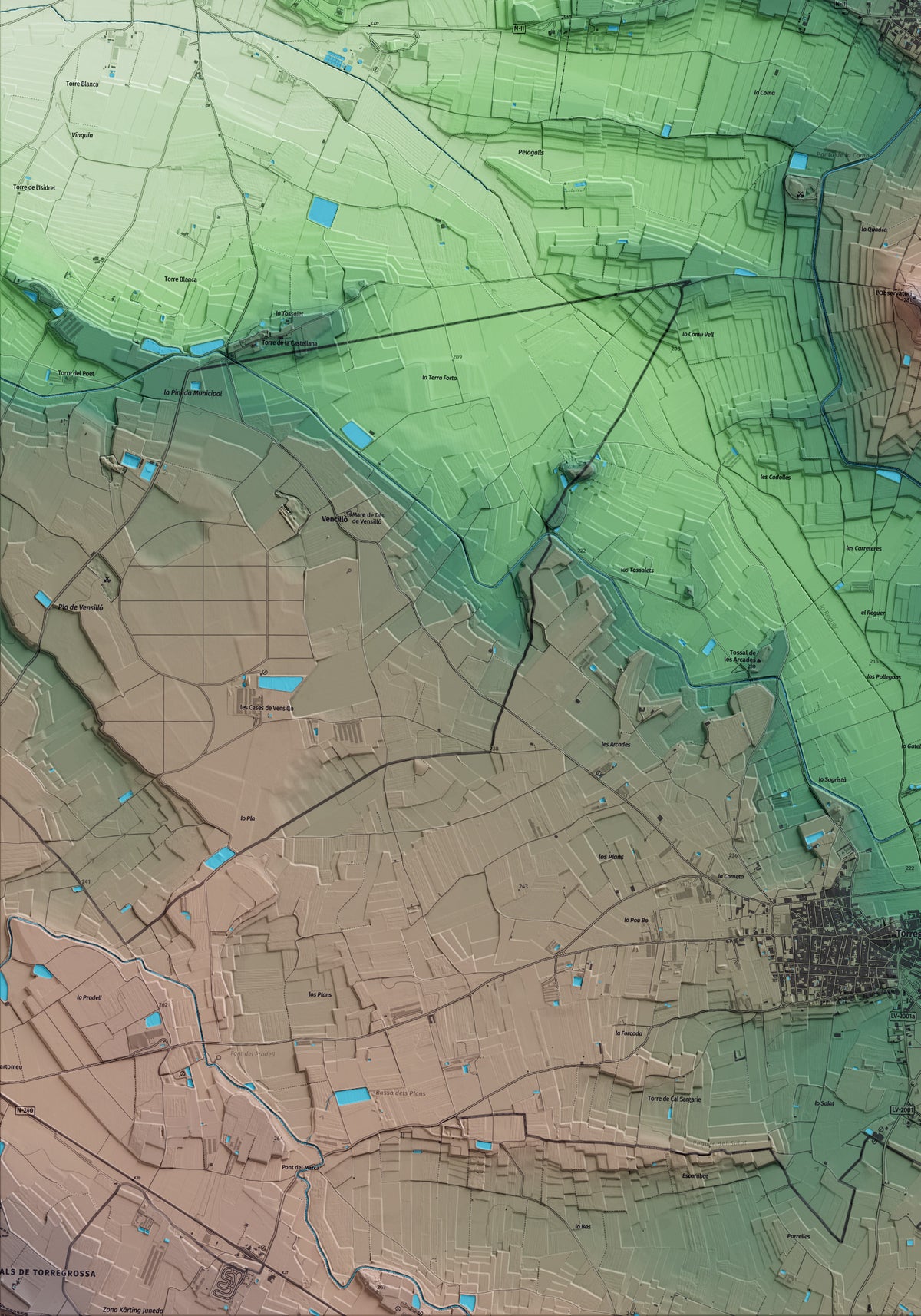 Mapa artístico del relieve de Sidamon, en el Pla d'Urgell, con 15 km de entorno y base topográfica ICGC. Detalle de la zona inferior izquierda.