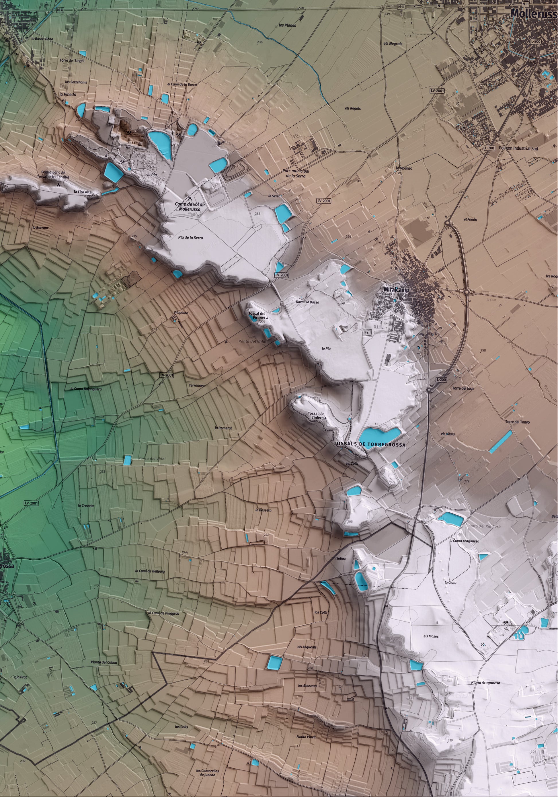 Mapa artístico del relieve de Sidamon, en el Pla d'Urgell, con 15 km de entorno y base topográfica ICGC. Detalle de la zona inferior derecha.