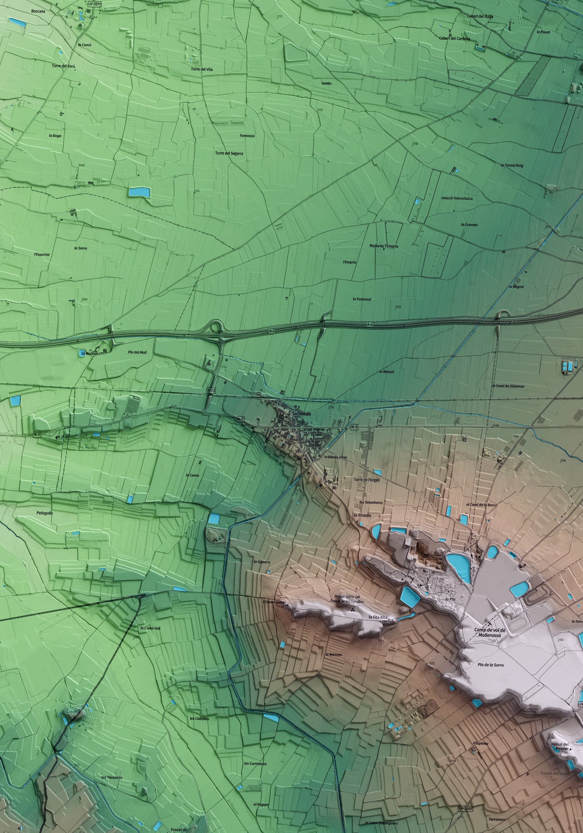 Mapa artístico del relieve de Sidamon, en el Pla d'Urgell, con 15 km de entorno y base topográfica ICGC. Detalle de la zona central.