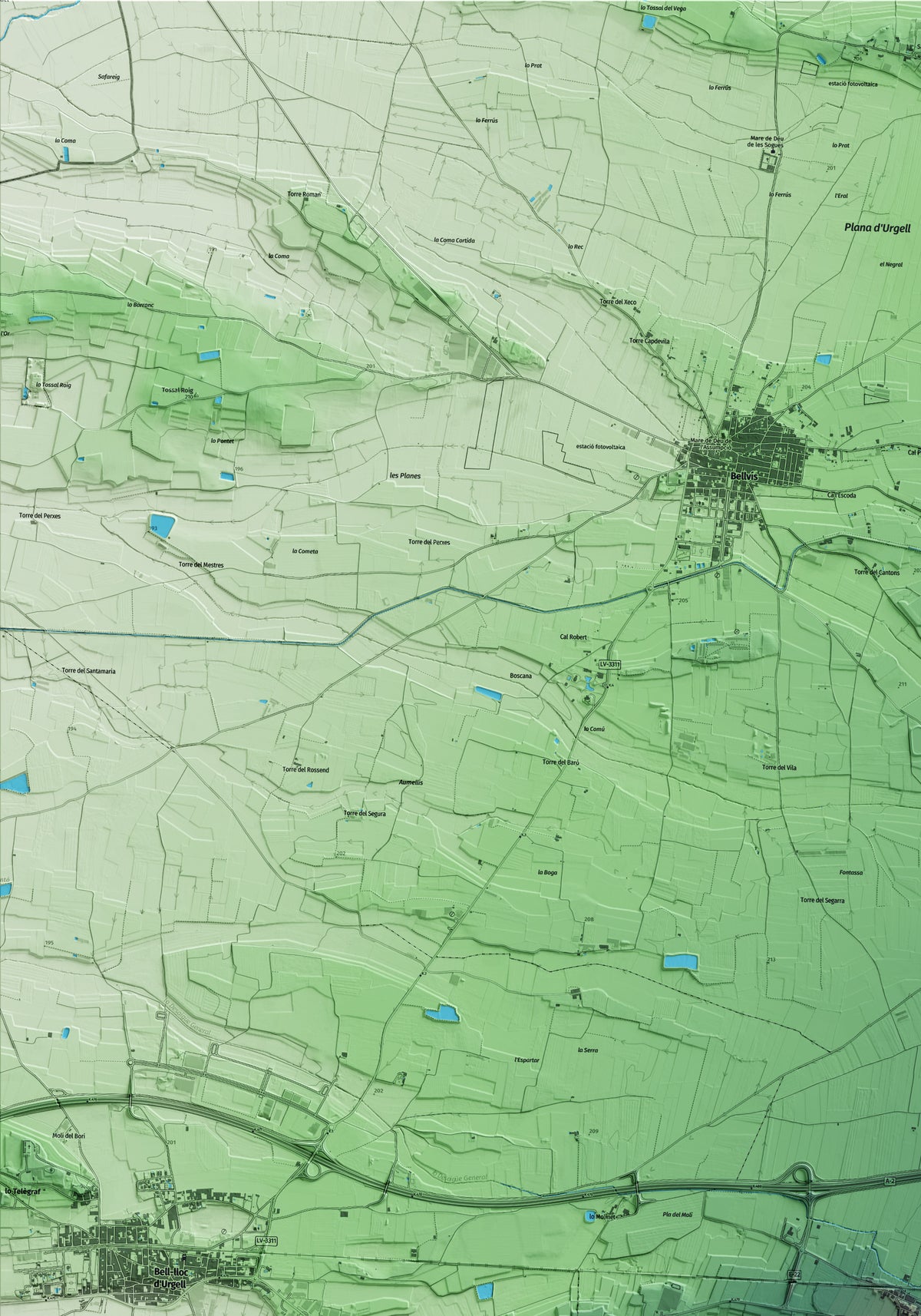 Mapa artístico del relieve de Sidamon, en el Pla d'Urgell, con 15 km de entorno y base topográfica ICGC. Detalle de la zona superior izquierda.