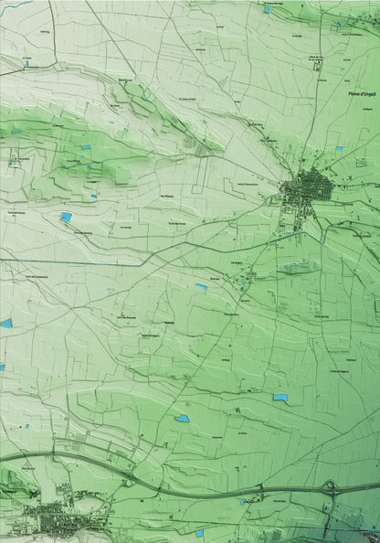Mapa artístico del relieve de Sidamon, en el Pla d'Urgell, con 15 km de entorno y base topográfica ICGC. Detalle de la zona superior izquierda.