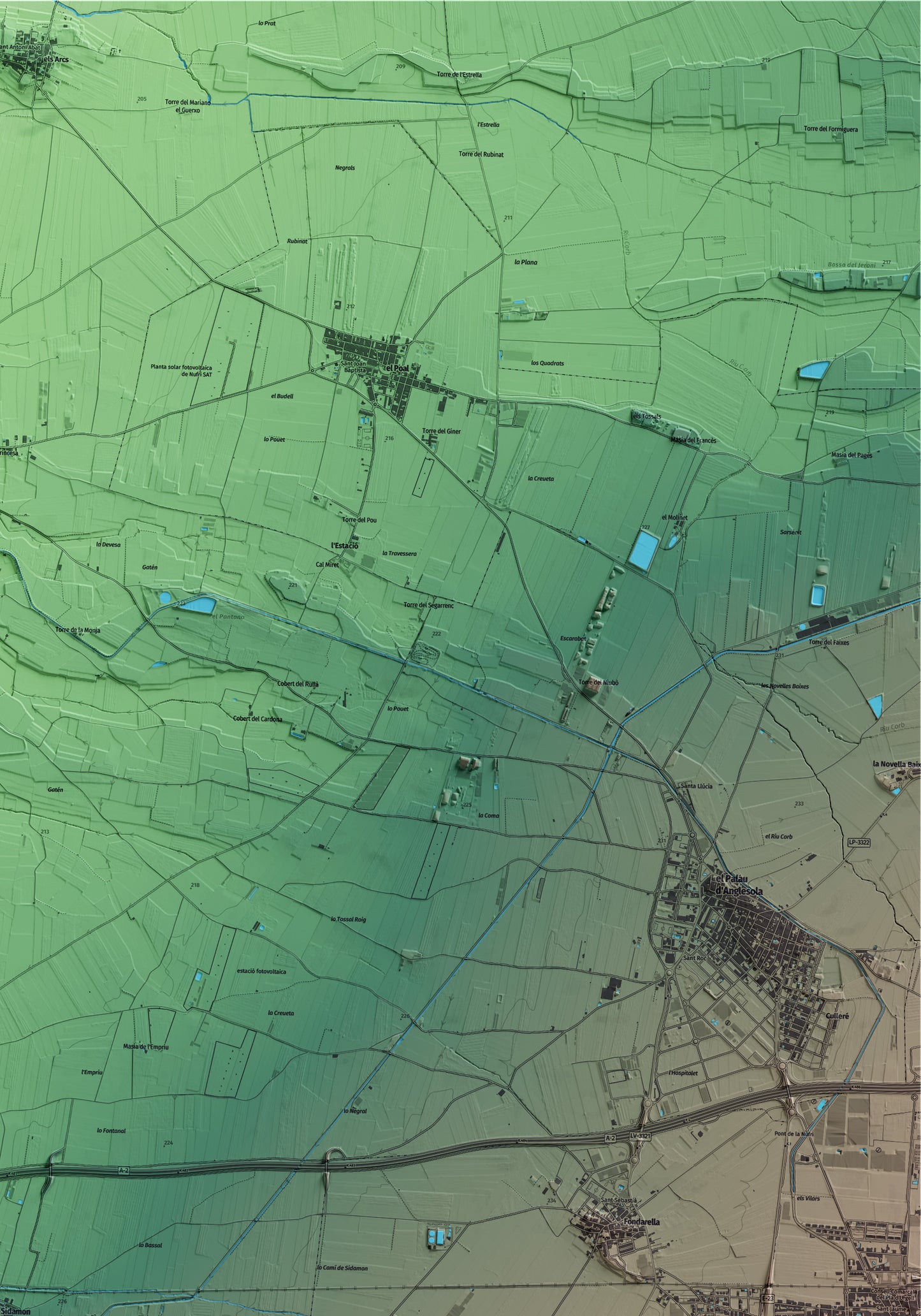 Mapa artístico del relieve de Sidamon, en el Pla d'Urgell, con 15 km de entorno y base topográfica ICGC. Detalle de la zona superior derecha.