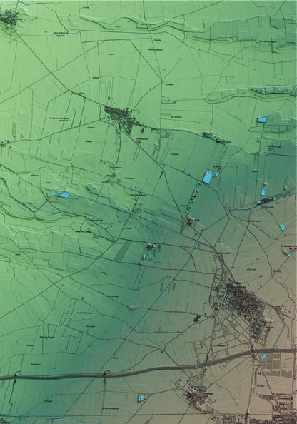 Mapa artístico del relieve de Sidamon, en el Pla d'Urgell, con 15 km de entorno y base topográfica ICGC. Detalle de la zona superior derecha.