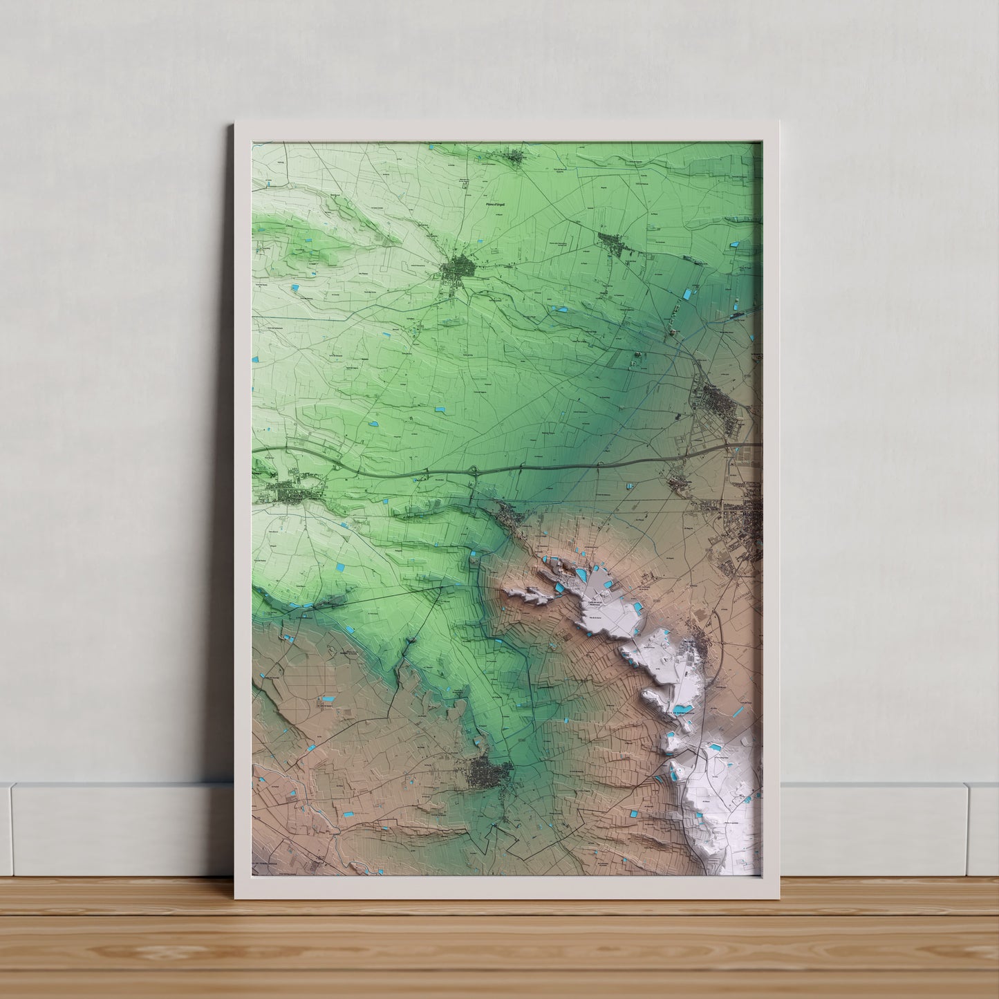 Mapa artístico del relieve de Sidamon, en el Pla d'Urgell, con 15 km de entorno y base topográfica ICGC. Presentación enmarcada.
