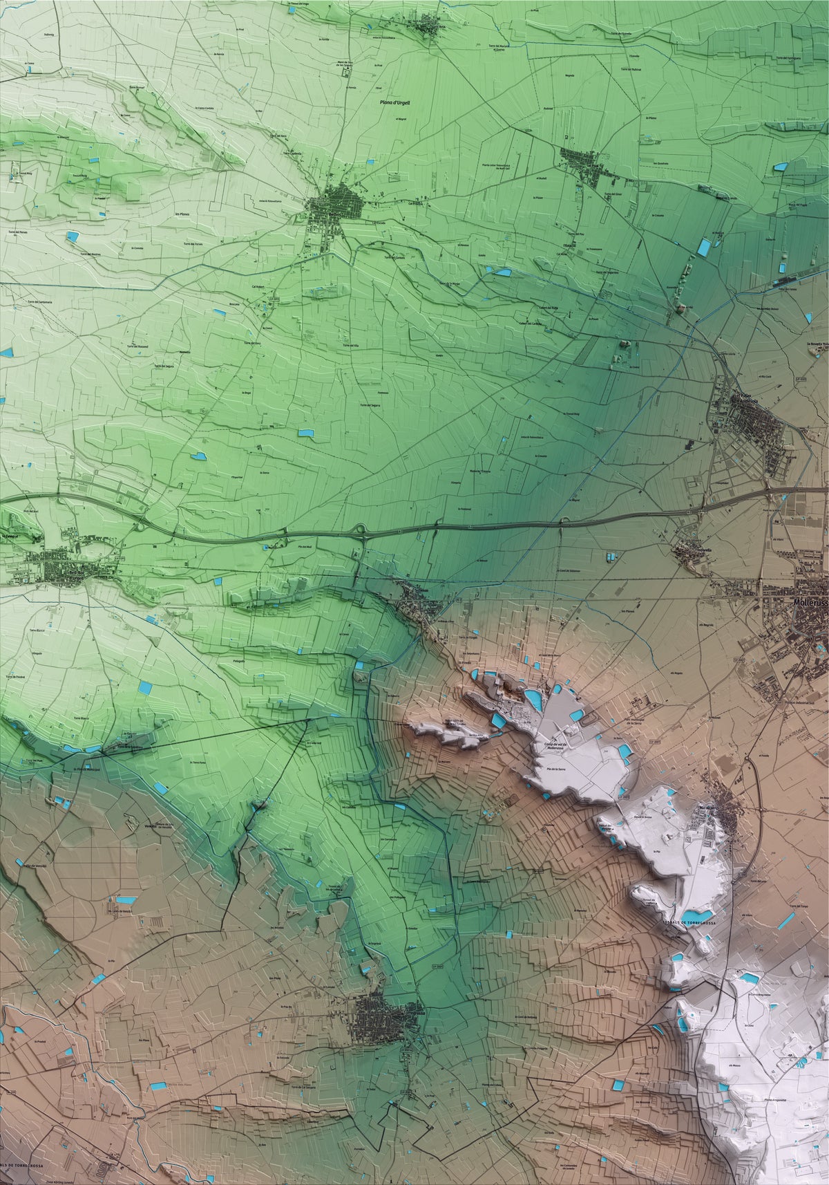 Mapa artístico del relieve de Sidamon, en el Pla d'Urgell, con 15 km de entorno y base topográfica ICGC