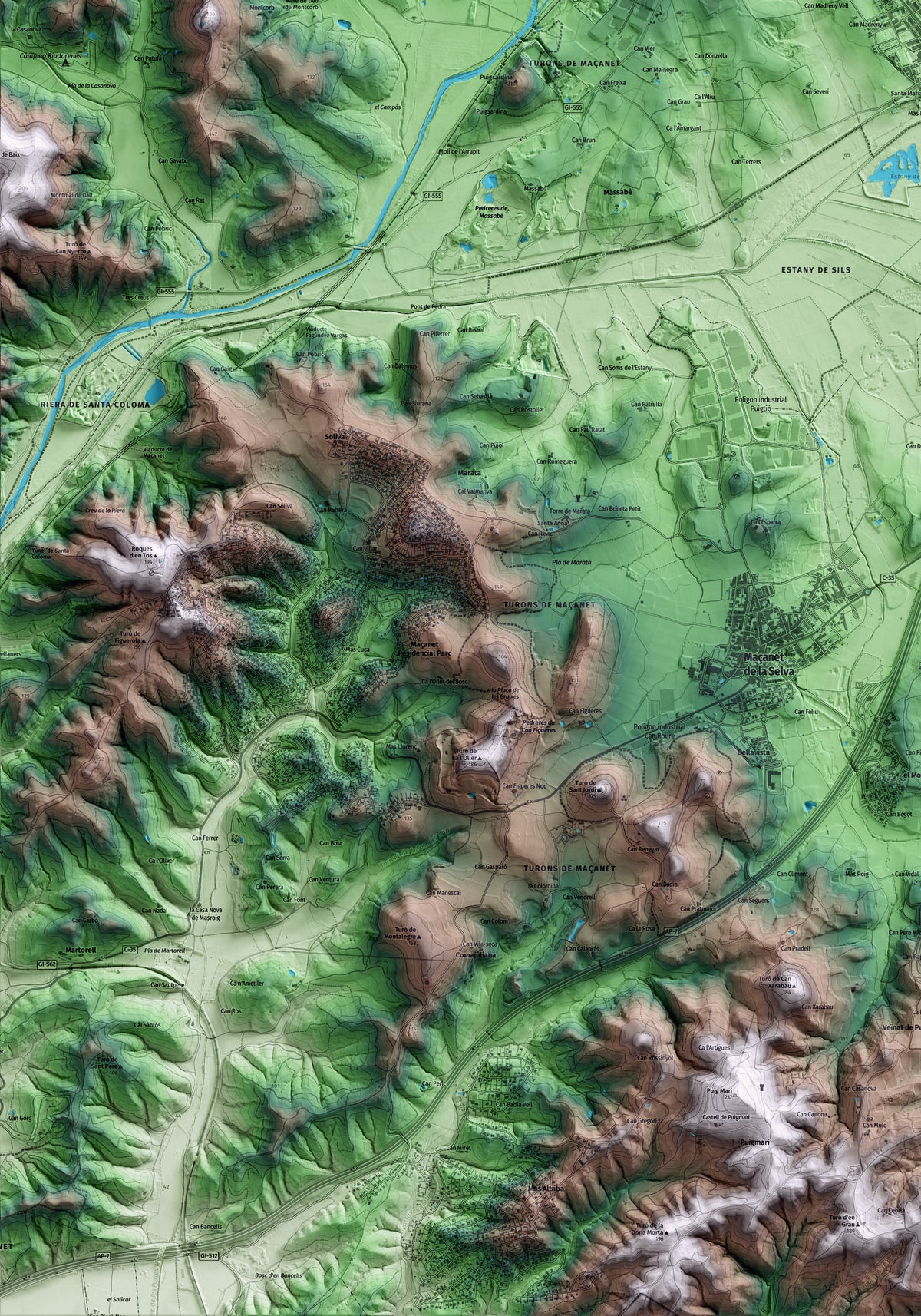 Mapa artístico del relieve de Sils, a la Selva, con 15 km de entorno y base topográfica ICGC. Detalle de la zona inferior izquierda.