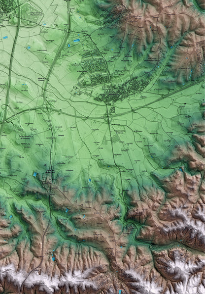 Mapa artístico del relieve de Sils, a la Selva, con 15 km de entorno y base topográfica ICGC. Detalle de la zona inferior derecha.