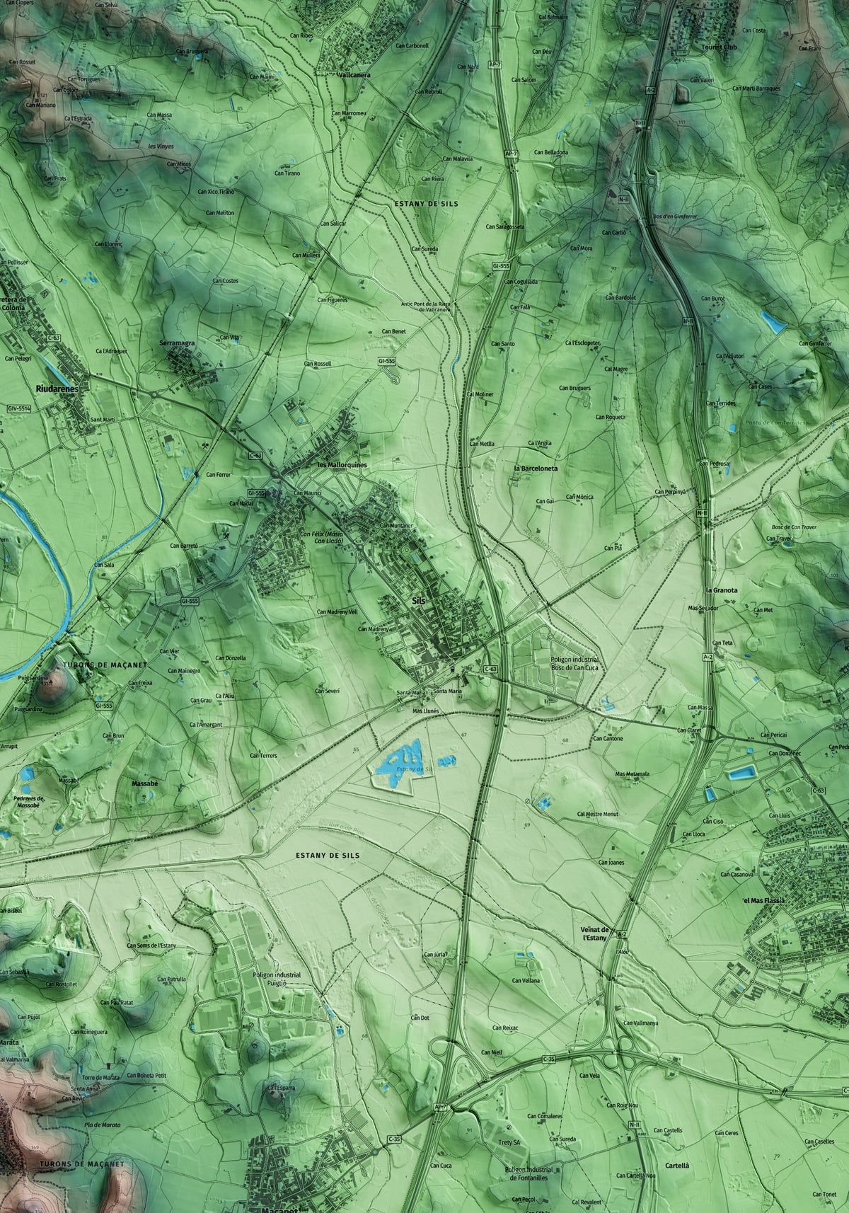 Mapa artístico del relieve de Sils, a la Selva, con 15 km de entorno y base topográfica ICGC. Detalle de la zona central.