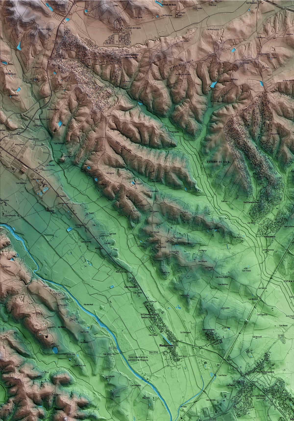 Mapa artístico del relieve de Sils, a la Selva, con 15 km de entorno y base topográfica ICGC. Detalle de la zona superior izquierda.