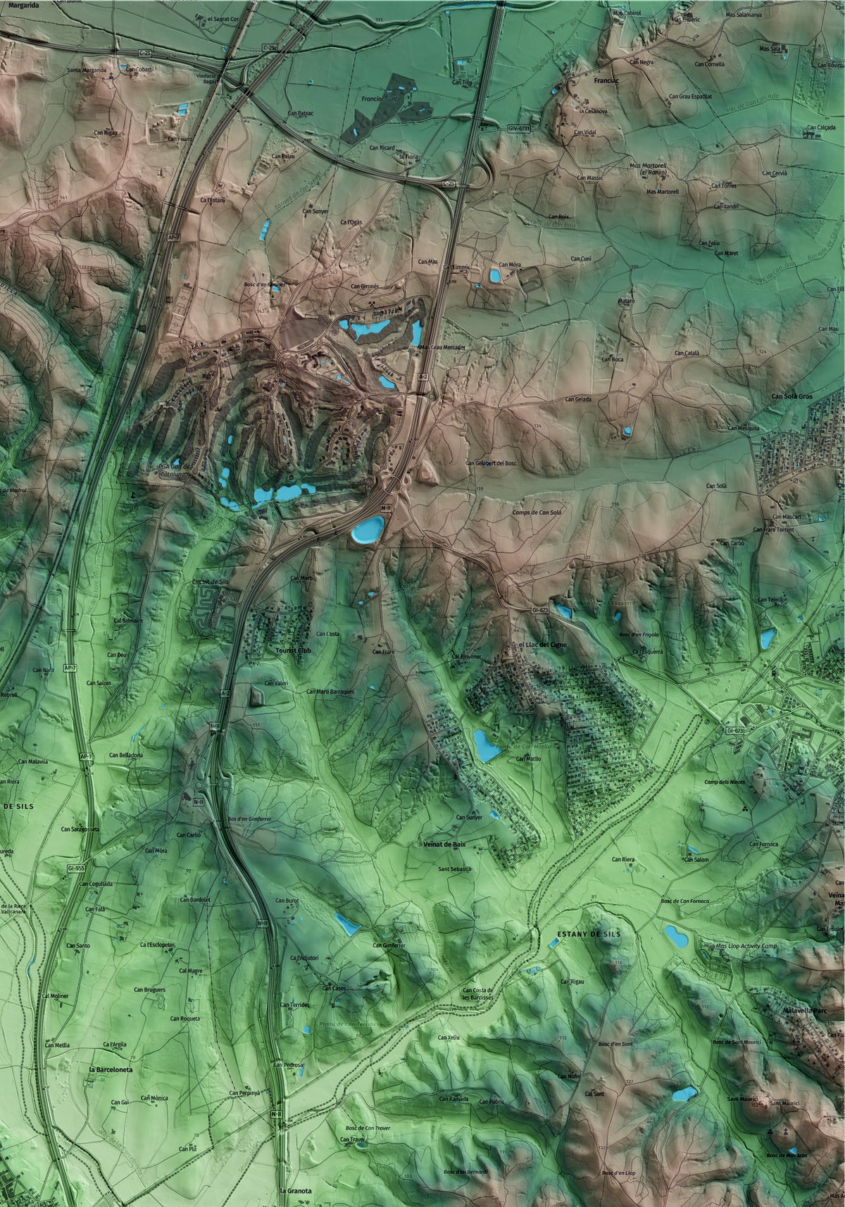 Mapa artístico del relieve de Sils, a la Selva, con 15 km de entorno y base topográfica ICGC. Detalle de la zona superior derecha.