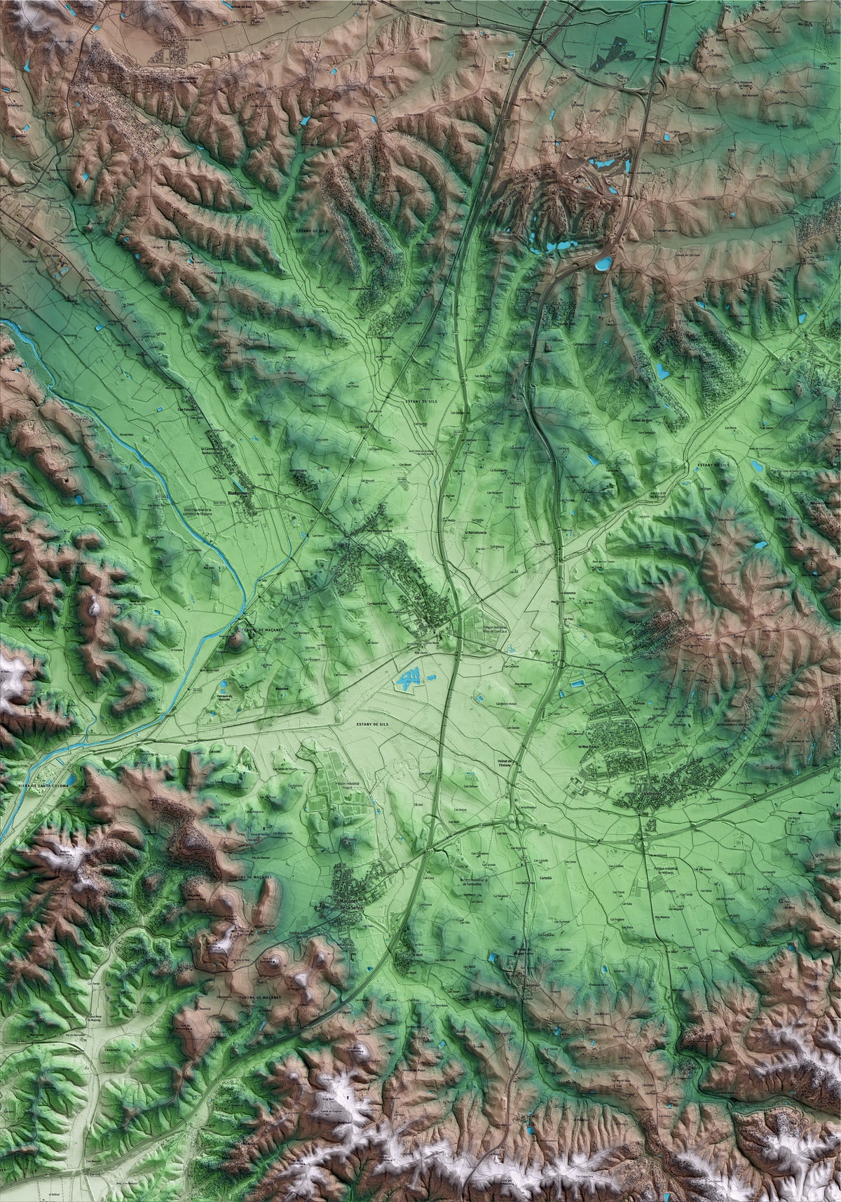 Mapa artístico del relieve de Sils, a la Selva, con 15 km de entorno y base topográfica ICGC