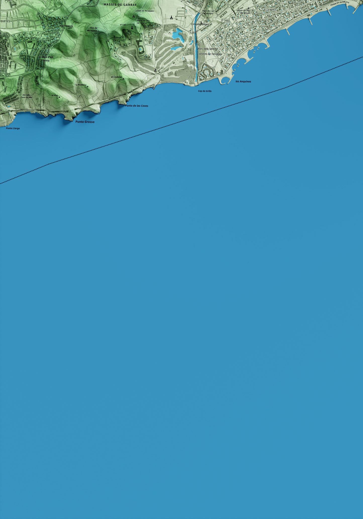Mapa artístico del relieve de Sitges, al Garraf, con 15 km de entorno y base topográfica ICGC. Detalle de la zona inferior izquierda.