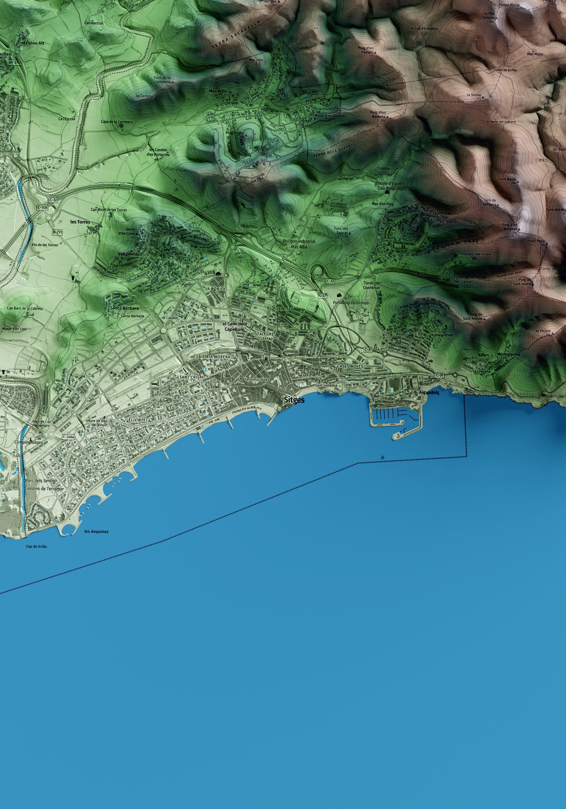 Mapa artístico del relieve de Sitges, al Garraf, con 15 km de entorno y base topográfica ICGC. Detalle de la zona central.