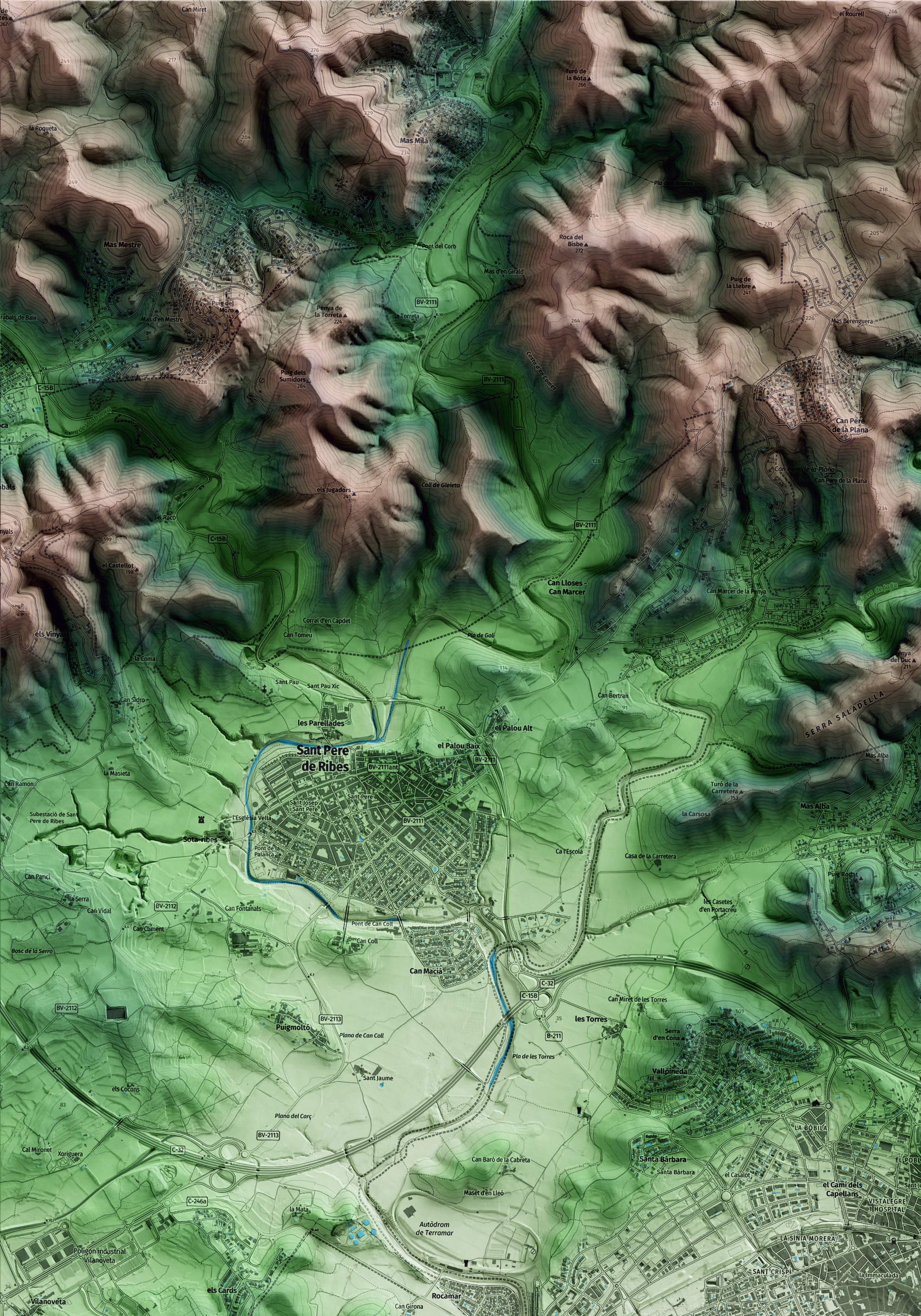 Mapa artístico del relieve de Sitges, al Garraf, con 15 km de entorno y base topográfica ICGC. Detalle de la zona superior izquierda.