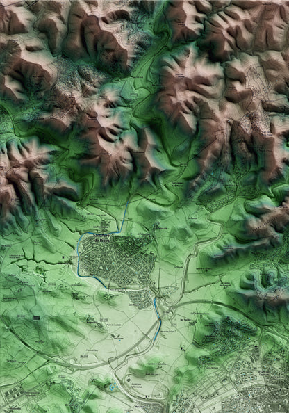 Mapa artístico del relieve de Sitges, al Garraf, con 15 km de entorno y base topográfica ICGC. Detalle de la zona superior izquierda.