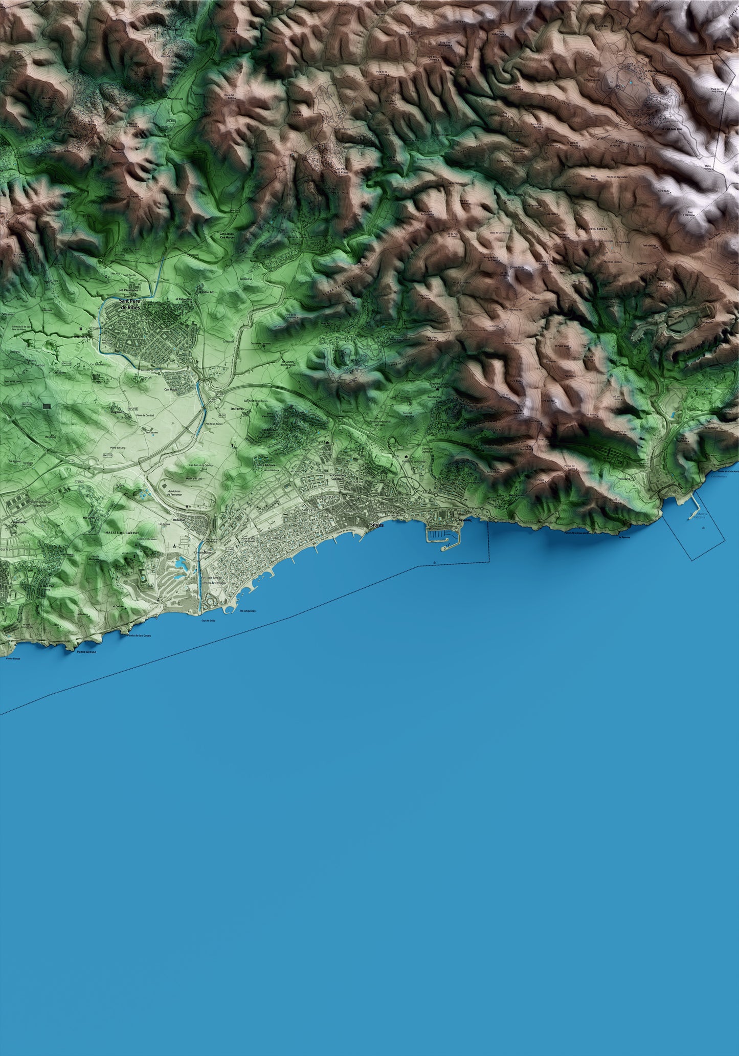 Mapa artístico del relieve de Sitges, al Garraf, con 15 km de entorno y base topográfica ICGC