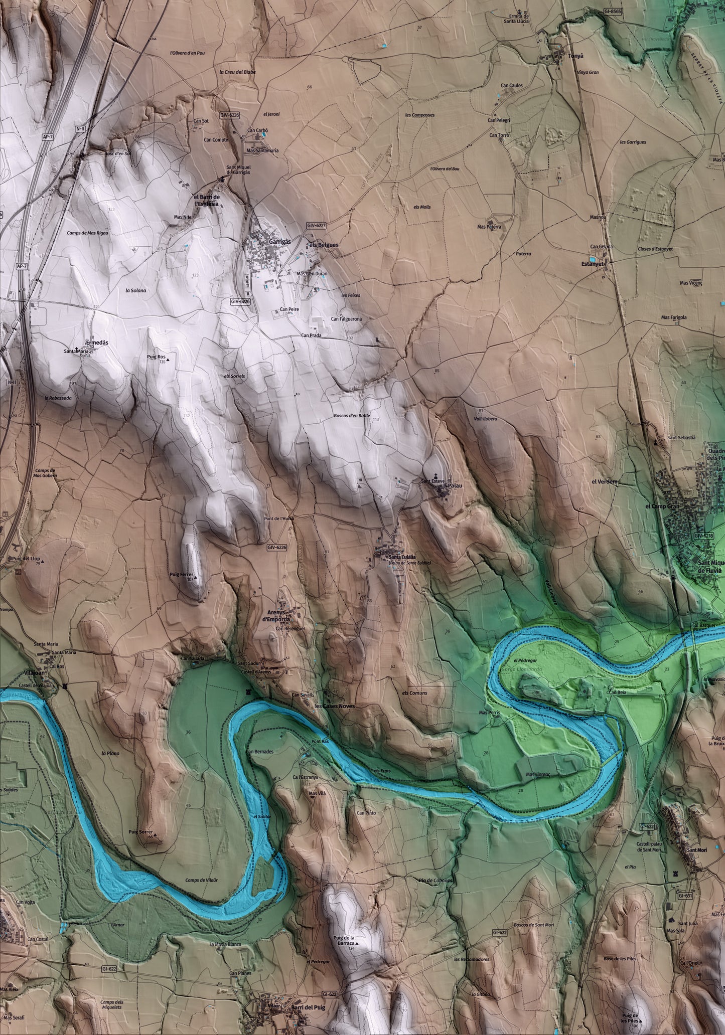Mapa artístico del relieve de Siurana, al Alt Empordà, con 15 km de entorno y base topográfica ICGC. Detalle de la zona inferior izquierda.