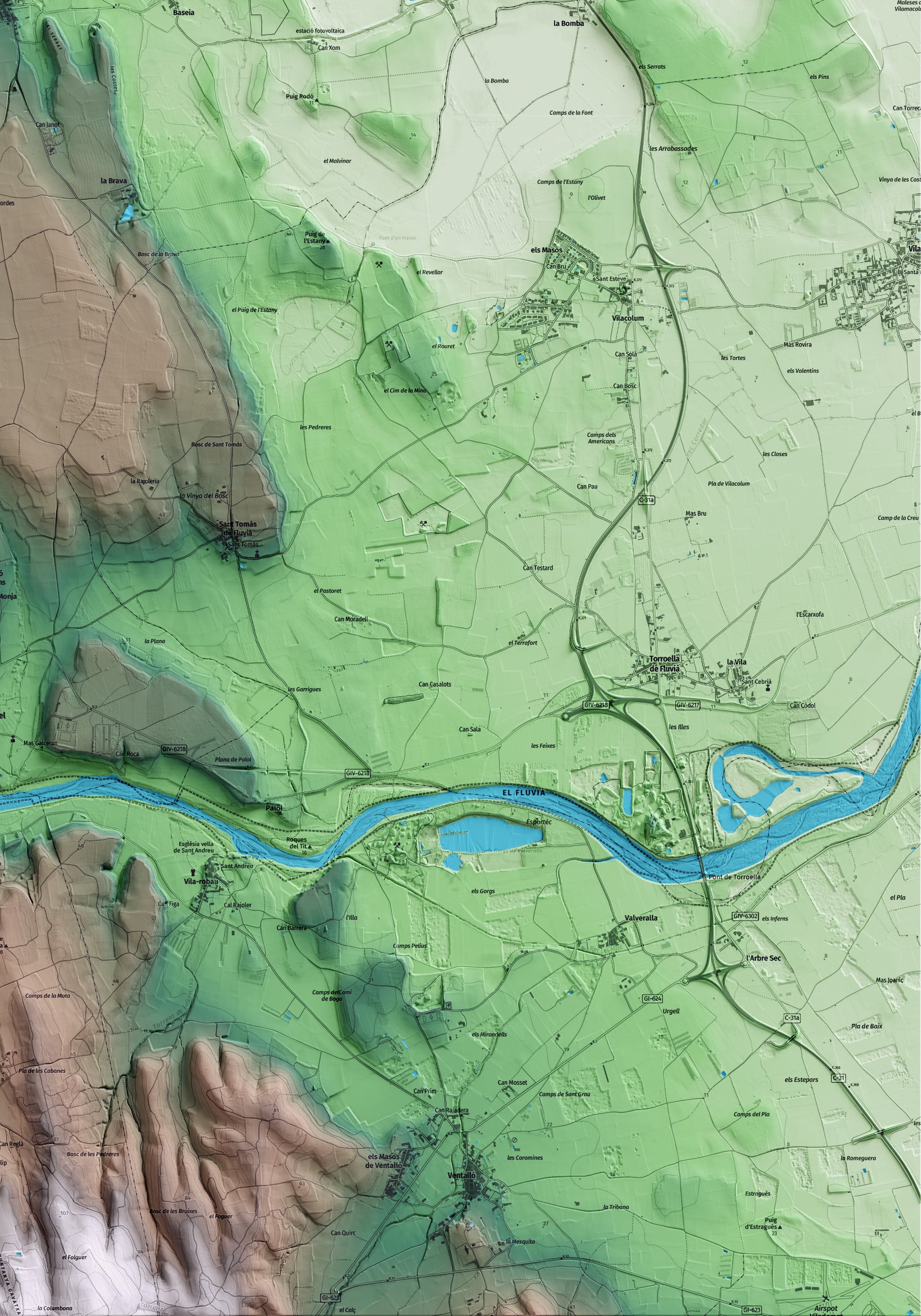 Mapa artístico del relieve de Siurana, al Alt Empordà, con 15 km de entorno y base topográfica ICGC. Detalle de la zona inferior derecha.