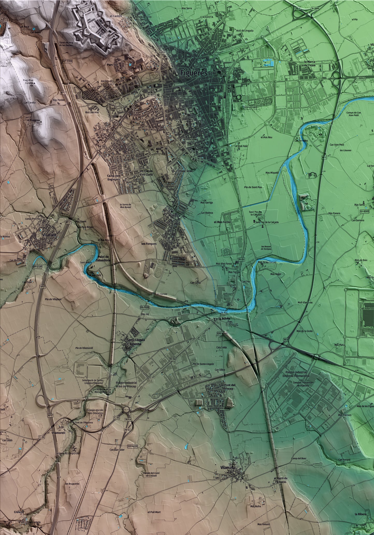 Mapa artístico del relieve de Siurana, al Alt Empordà, con 15 km de entorno y base topográfica ICGC. Detalle de la zona superior izquierda.