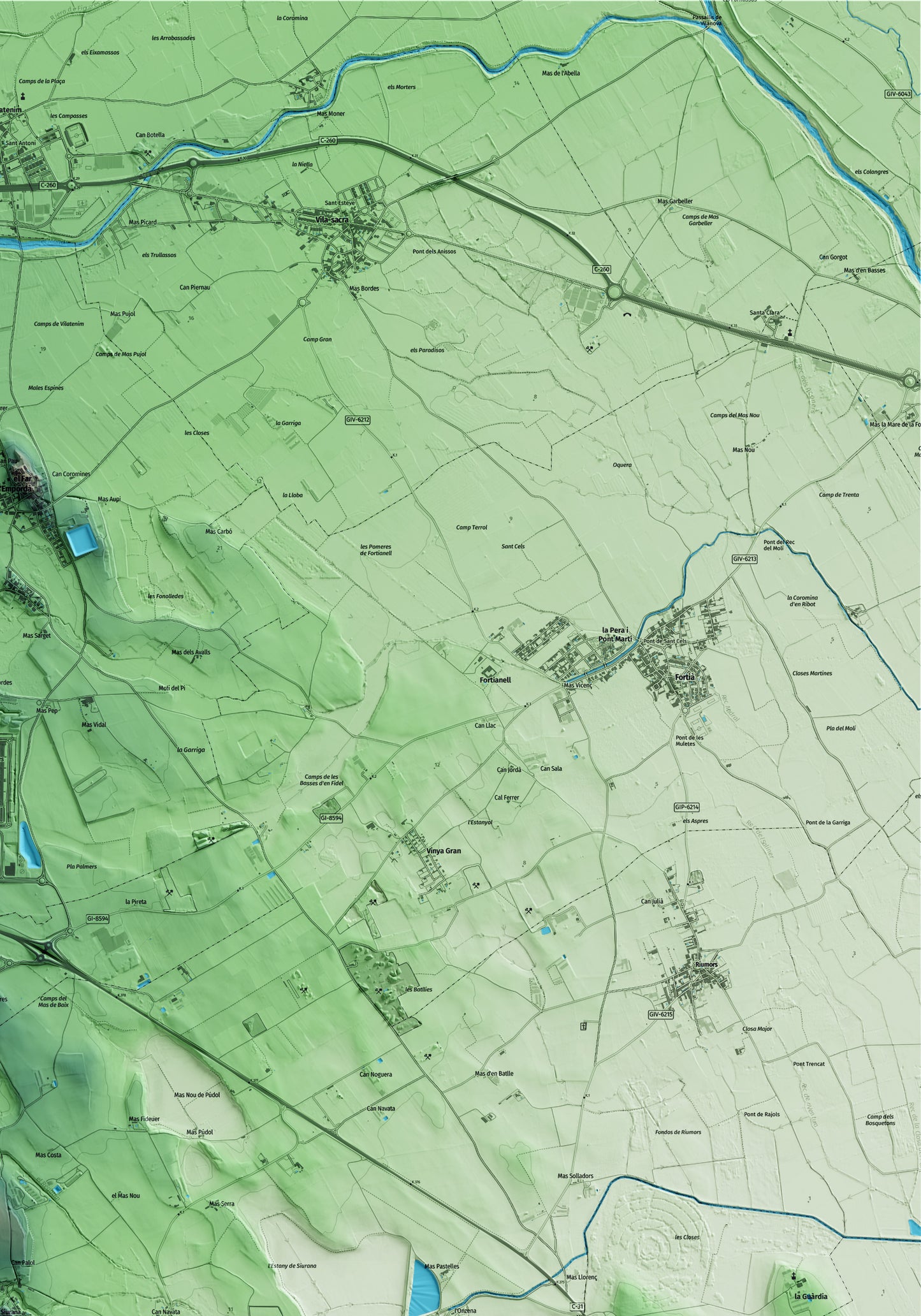 Mapa artístico del relieve de Siurana, al Alt Empordà, con 15 km de entorno y base topográfica ICGC. Detalle de la zona superior derecha.