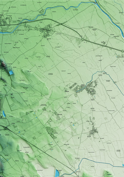 Mapa artístico del relieve de Siurana, al Alt Empordà, con 15 km de entorno y base topográfica ICGC. Detalle de la zona superior derecha.