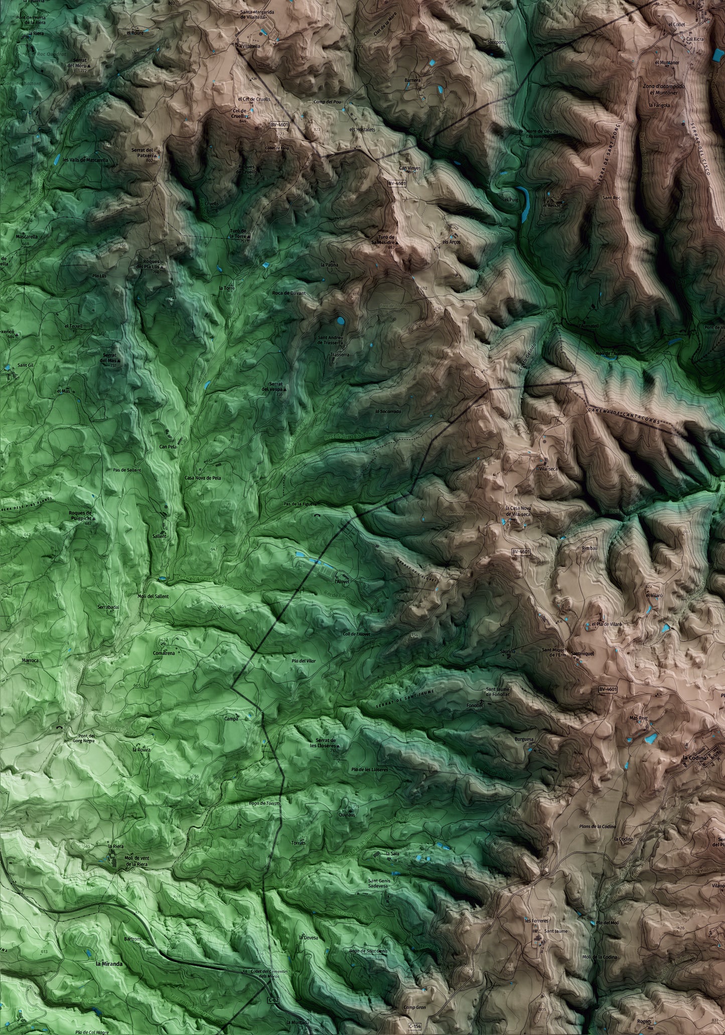 Mapa artístico del relieve de Sobremunt, al Lluçanès, con 15 km de entorno y base topográfica ICGC. Detalle de la zona inferior izquierda.