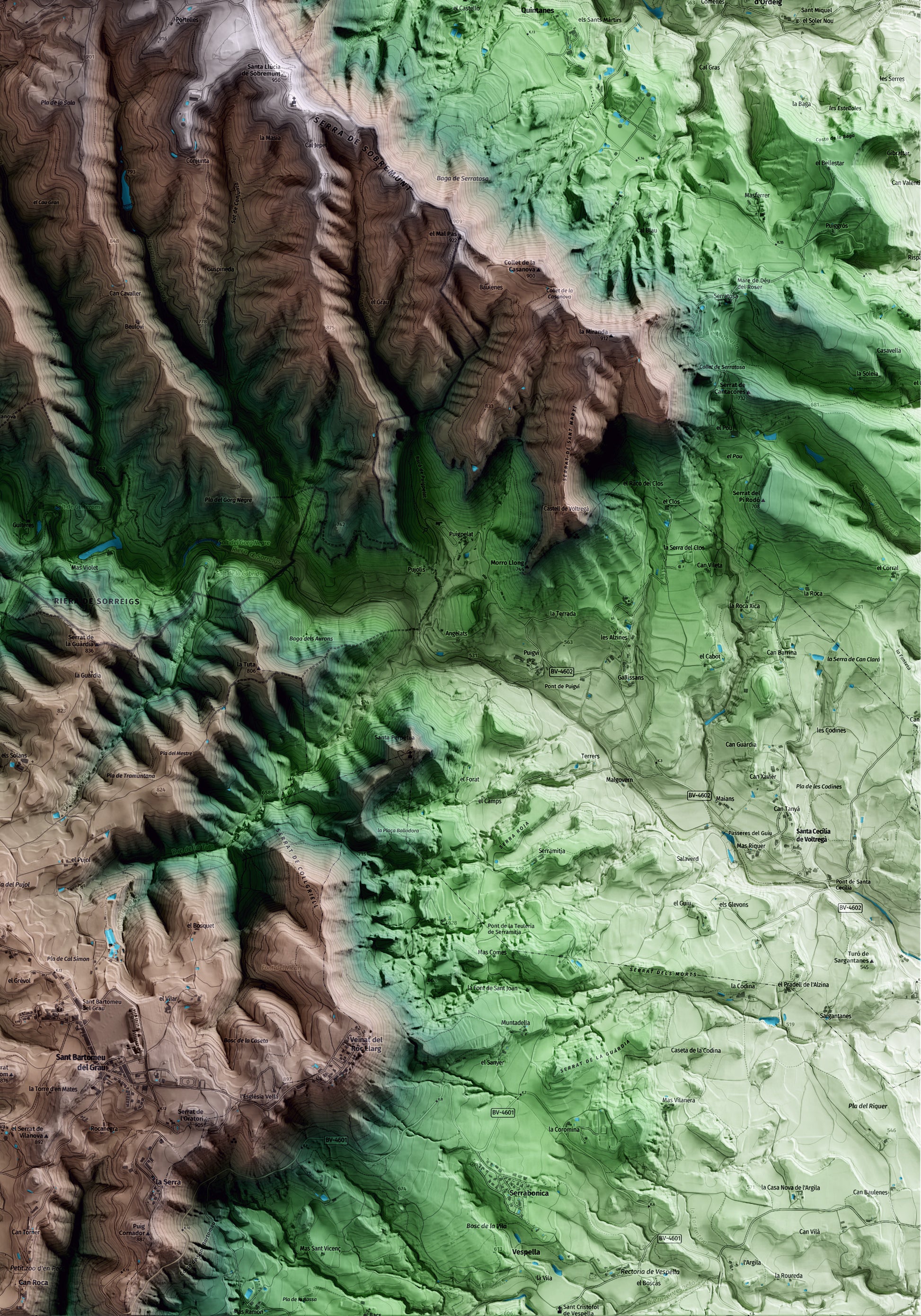 Mapa artístico del relieve de Sobremunt, al Lluçanès, con 15 km de entorno y base topográfica ICGC. Detalle de la zona inferior derecha.
