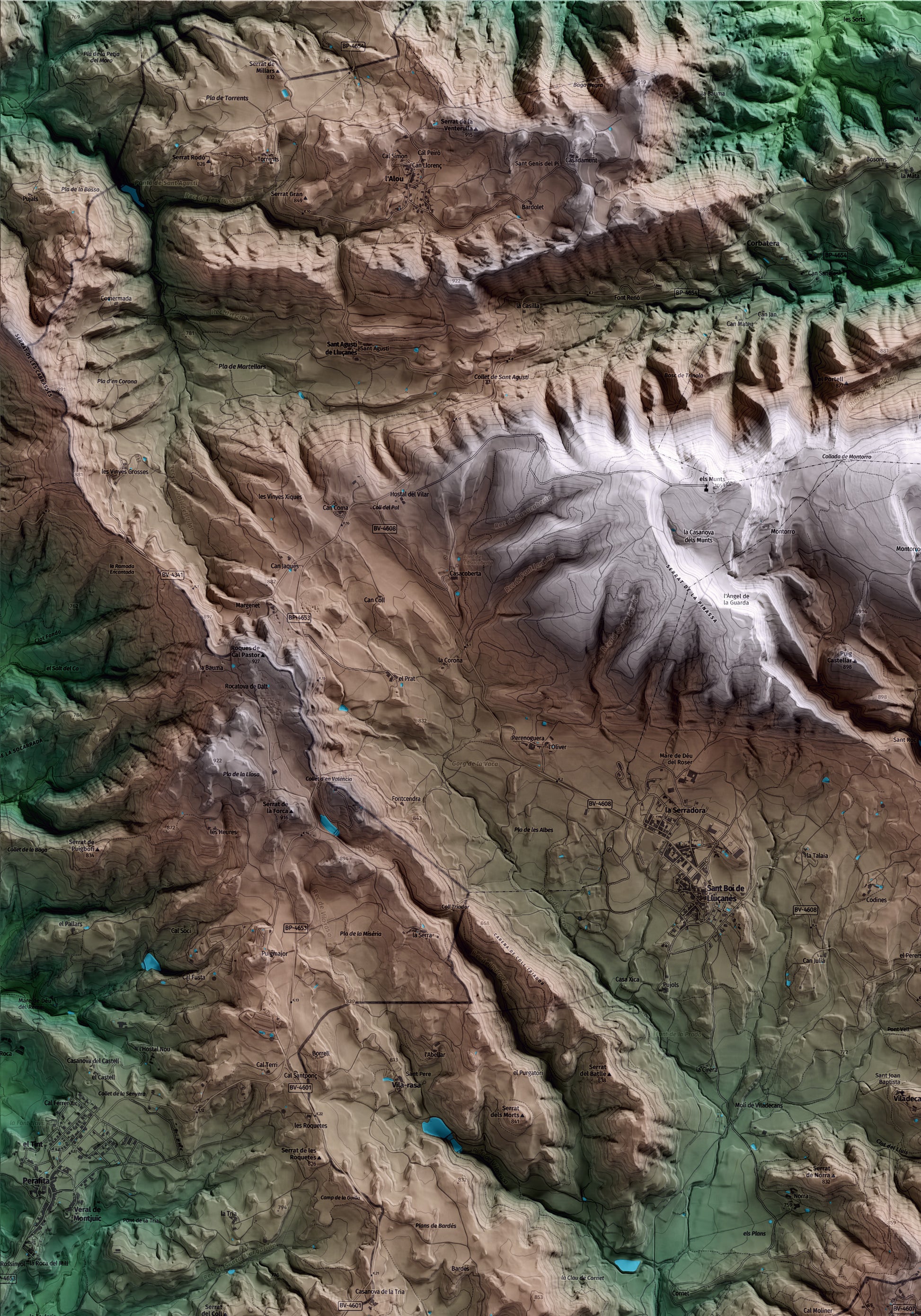 Mapa artístico del relieve de Sobremunt, al Lluçanès, con 15 km de entorno y base topográfica ICGC. Detalle de la zona superior izquierda.