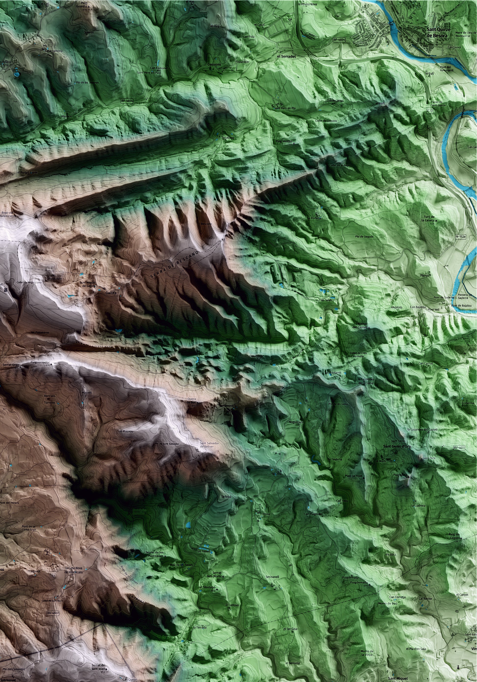 Mapa artístico del relieve de Sobremunt, al Lluçanès, con 15 km de entorno y base topográfica ICGC. Detalle de la zona superior derecha.