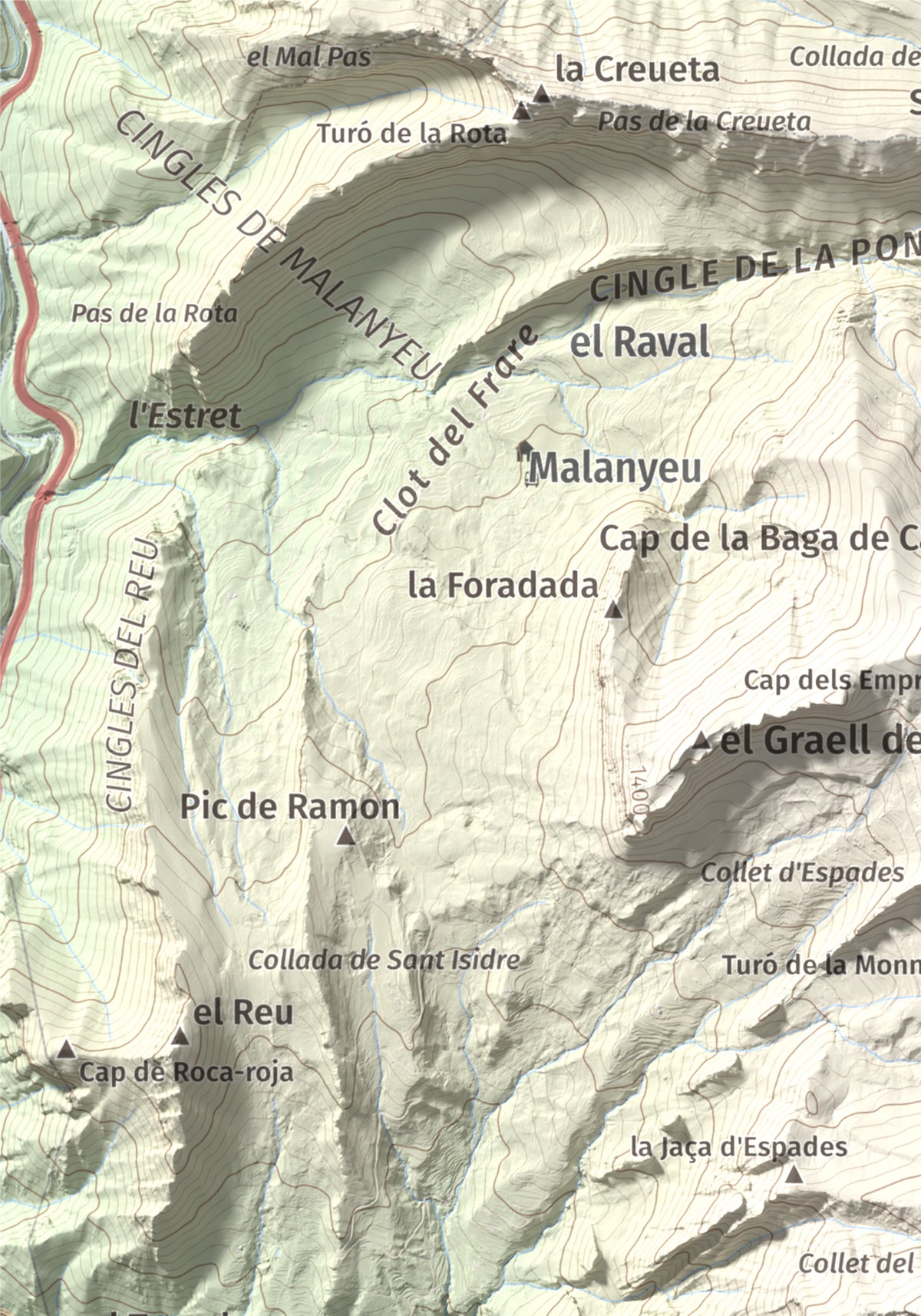 Mapa de relieve de Sobrepuny, 1653 m, Berguedà, lámina 100 Cims de Trobart. Detalle de la zona superior izquierda. 21 × 30 cm.