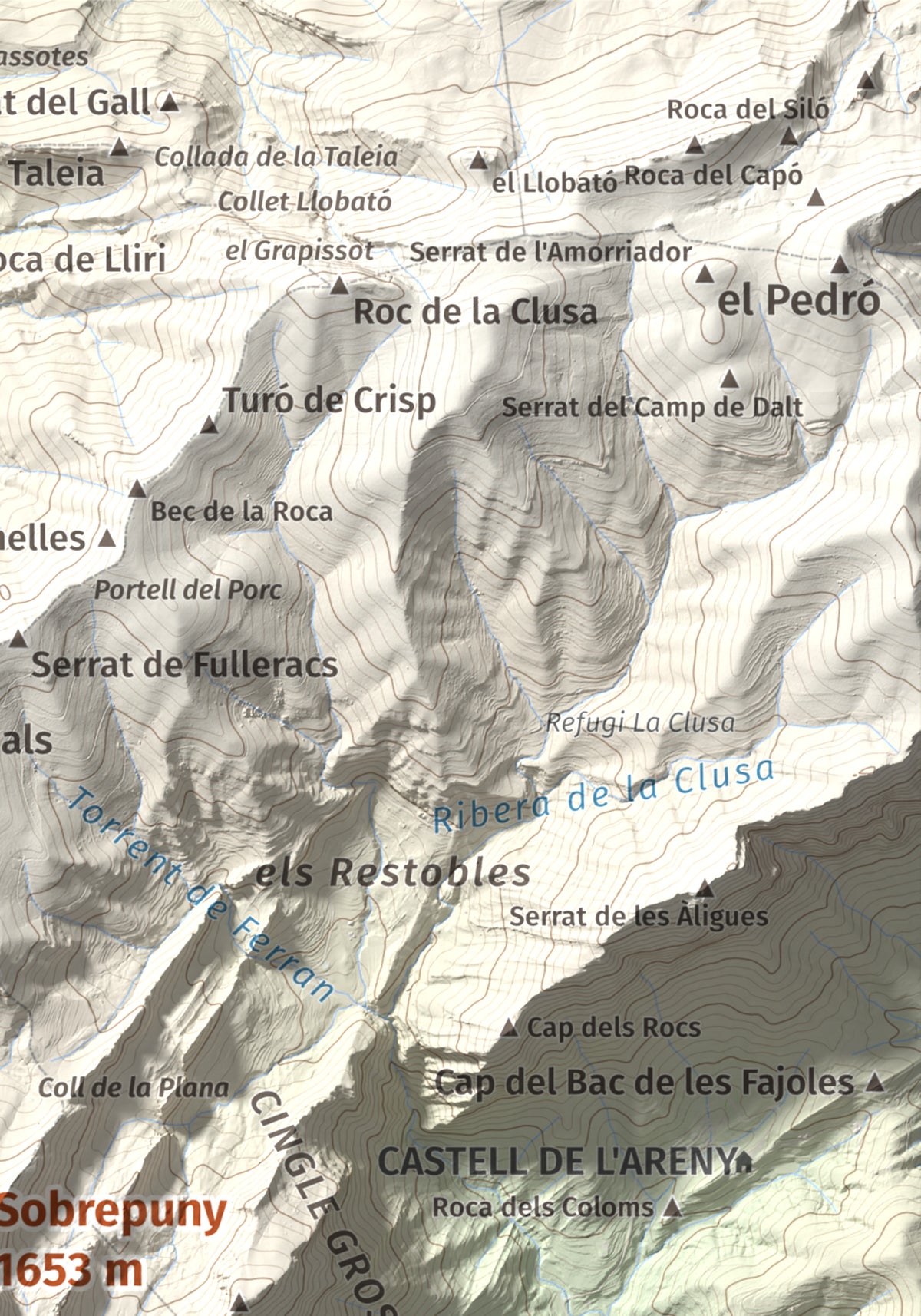 Mapa de relieve de Sobrepuny, 1653 m, Berguedà, lámina 100 Cims de Trobart. Detalle de la zona superior derecha. 21 × 30 cm.
