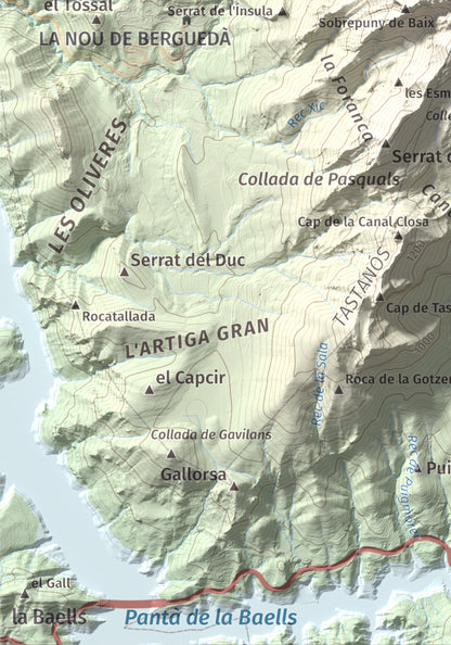 Mapa de relieve de Sobrepuny, 1653 m, Berguedà, lámina 100 Cims de Trobart. Detalle de la zona inferior izquierda. 21 × 30 cm.