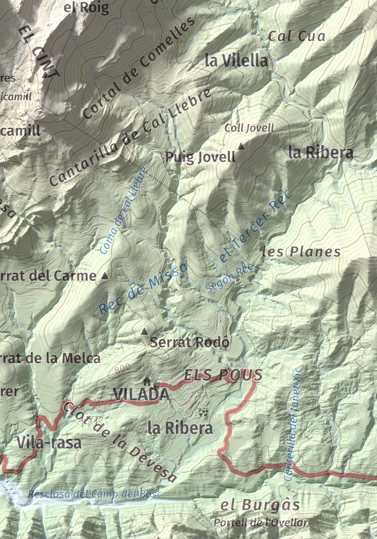 Mapa de relieve de Sobrepuny, 1653 m, Berguedà, lámina 100 Cims de Trobart. Detalle de la zona inferior derecha. 21 × 30 cm.