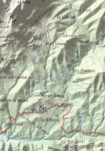 Mapa de relieve de Sobrepuny, 1653 m, Berguedà, lámina 100 Cims de Trobart. Detalle de la zona inferior derecha. 21 × 30 cm.