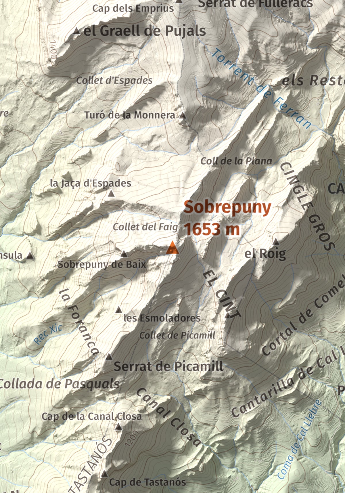 Mapa de relieve de Sobrepuny, 1653 m, Berguedà, lámina 100 Cims de Trobart. Detalle de la zona central. 21 × 30 cm.