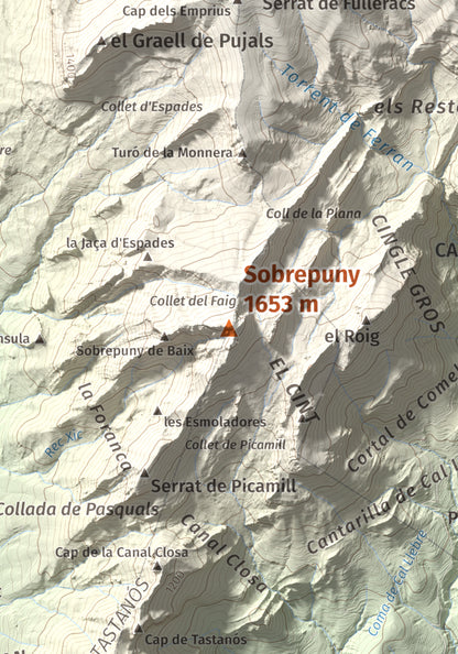 Mapa de relieve de Sobrepuny, 1653 m, Berguedà, lámina 100 Cims de Trobart. Detalle de la zona central. 21 × 30 cm.