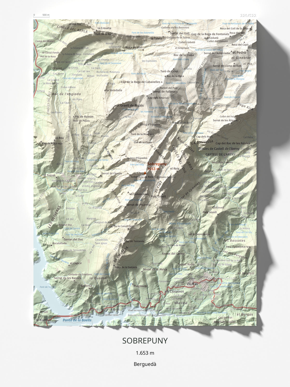 Mapa de relieve de Sobrepuny, 1653 m, Berguedà, lámina 100 Cims de Trobart 30 × 40 cm.