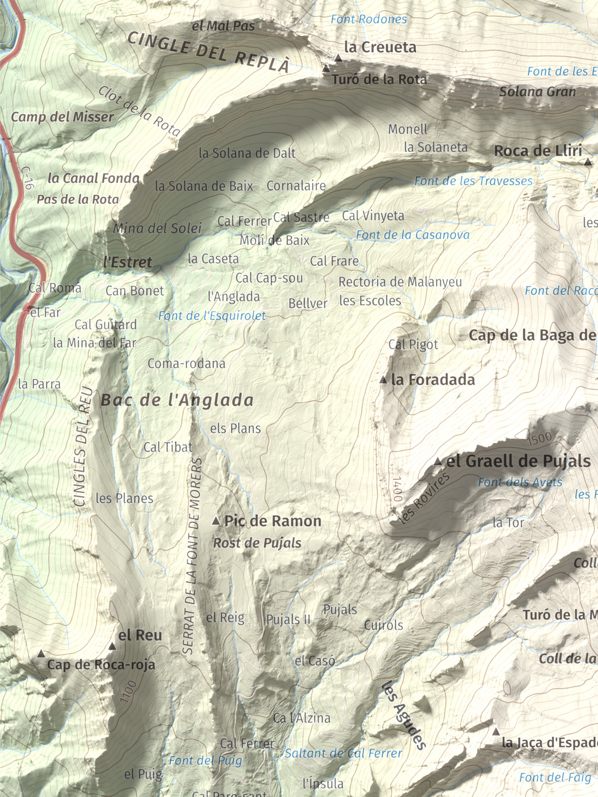 Mapa de relieve de Sobrepuny, 1653 m, Berguedà, lámina 100 Cims de Trobart. Detalle de la zona superior izquierda. 30 × 40 cm.
