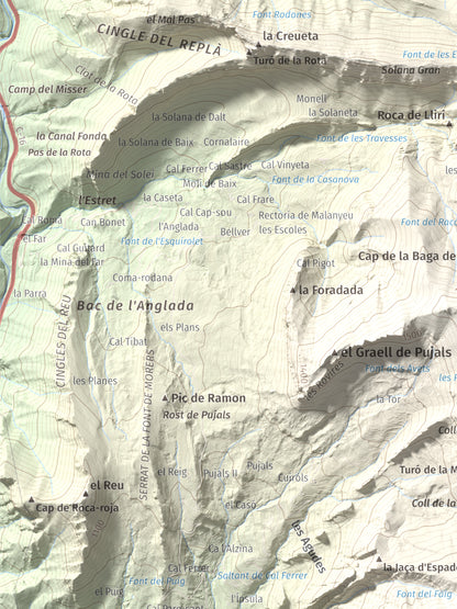 Mapa de relieve de Sobrepuny, 1653 m, Berguedà, lámina 100 Cims de Trobart. Detalle de la zona superior izquierda. 30 × 40 cm.