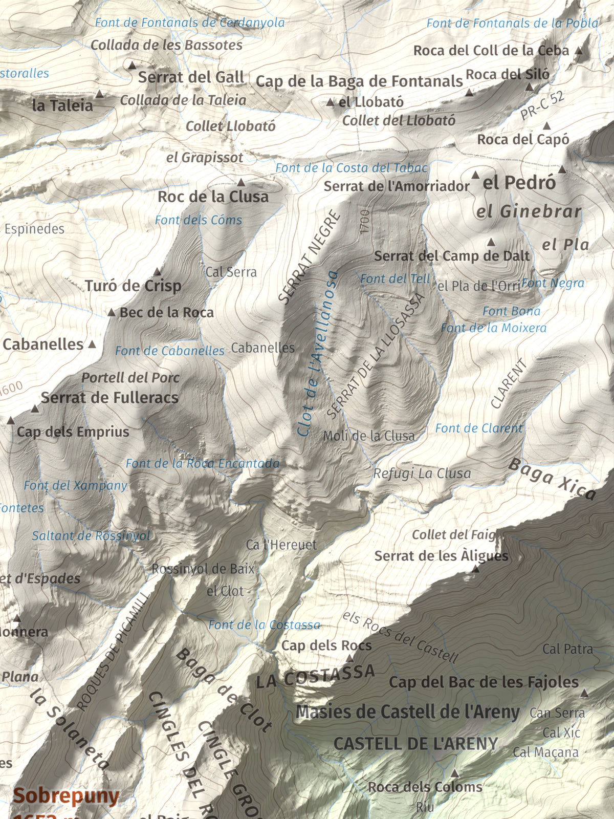 Mapa de relieve de Sobrepuny, 1653 m, Berguedà, lámina 100 Cims de Trobart. Detalle de la zona superior derecha. 30 × 40 cm.