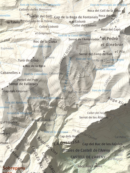Mapa de relieve de Sobrepuny, 1653 m, Berguedà, lámina 100 Cims de Trobart. Detalle de la zona superior derecha. 30 × 40 cm.